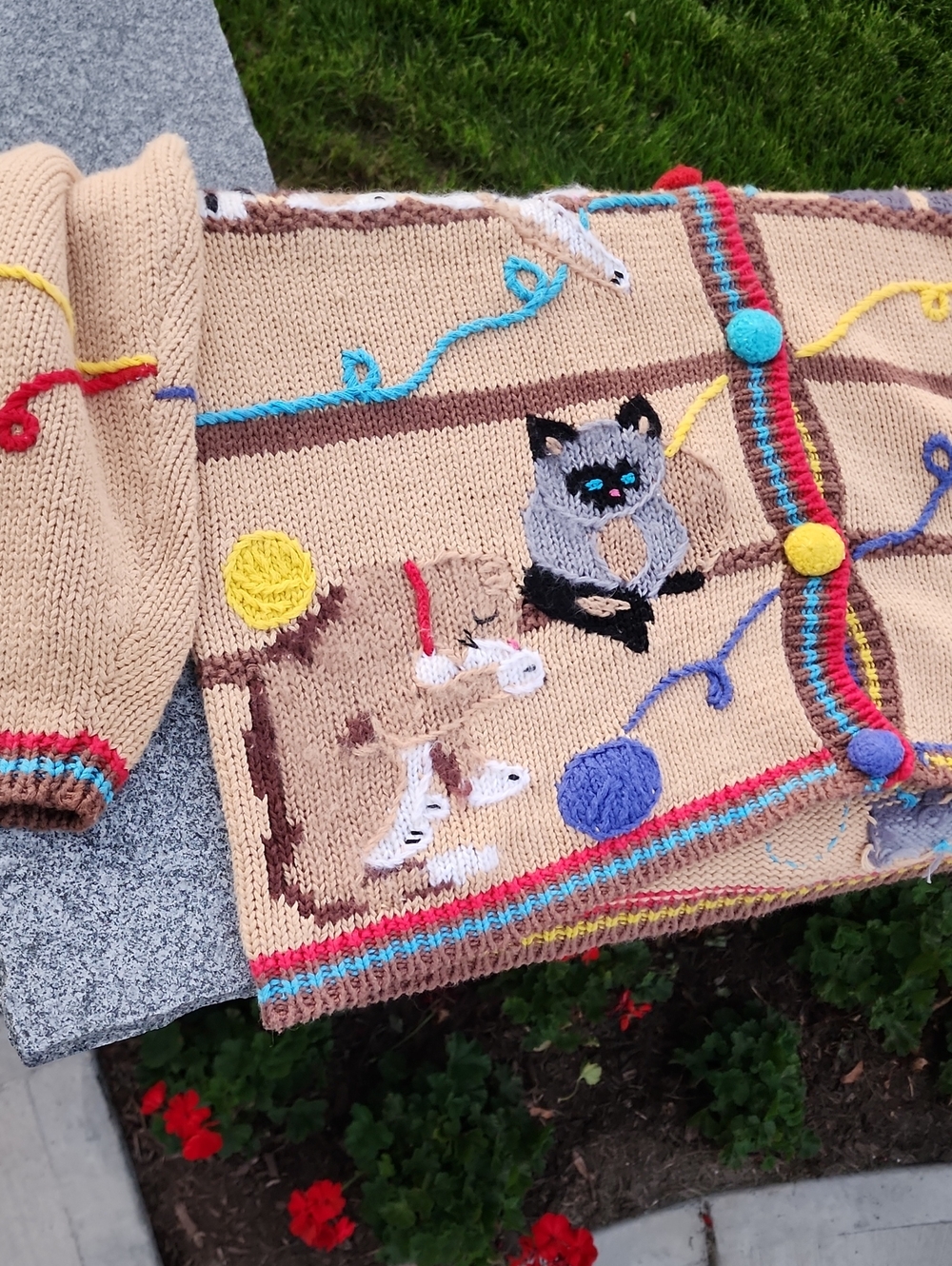 Storybook Knits Beige Cat Embroidered Cardigan with Multicolor Trim - Picture 12 of 16